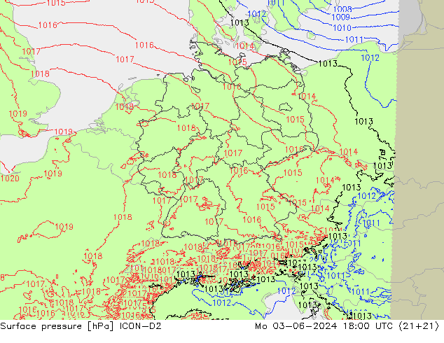 地面气压 ICON-D2 星期一 03.06.2024 18 UTC