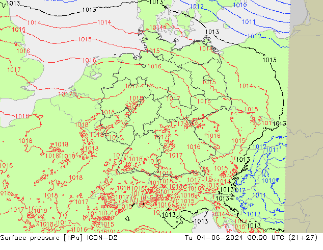 pressão do solo ICON-D2 Ter 04.06.2024 00 UTC
