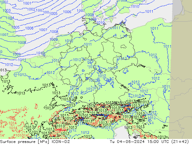 Surface pressure ICON-D2 Tu 04.06.2024 15 UTC