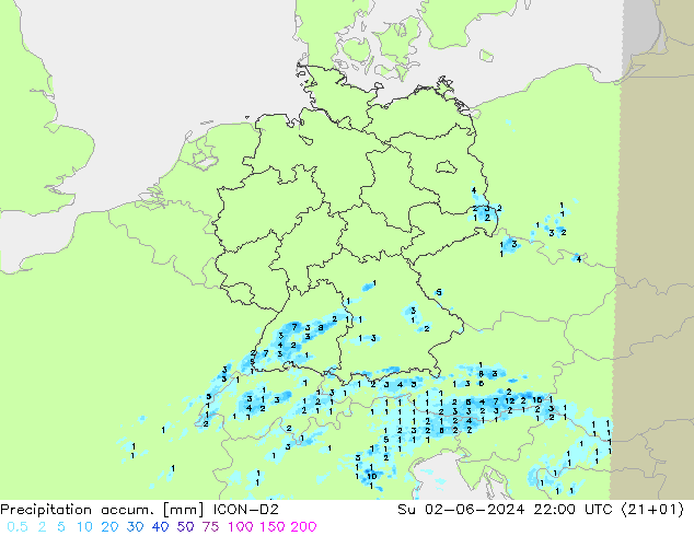 Precipitation accum. ICON-D2 Su 02.06.2024 22 UTC