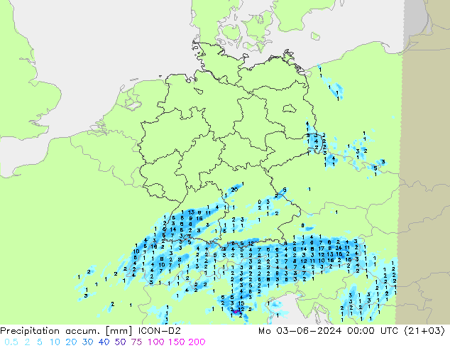 Precipitation accum. ICON-D2 Seg 03.06.2024 00 UTC