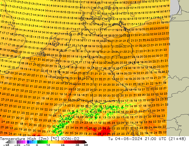 Maksimum Değer (2m) ICON-D2 Sa 04.06.2024 21 UTC