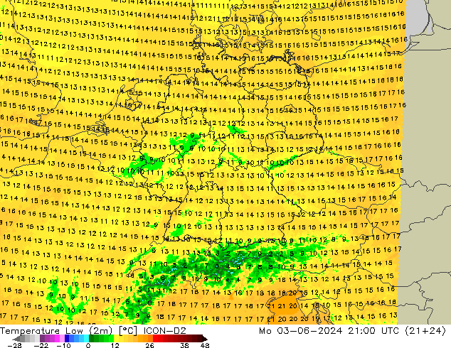 Nejnižší teplota (2m) ICON-D2 Po 03.06.2024 21 UTC