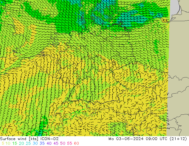 Bodenwind ICON-D2 Mo 03.06.2024 09 UTC