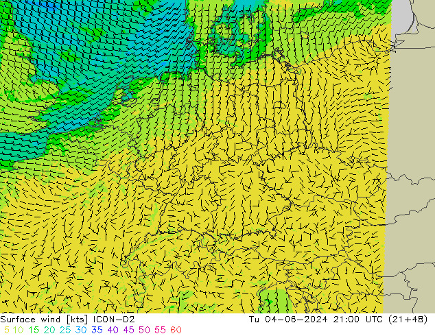 Vento 10 m ICON-D2 mar 04.06.2024 21 UTC