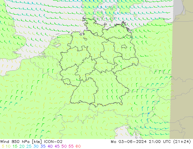 Vent 850 hPa ICON-D2 lun 03.06.2024 21 UTC