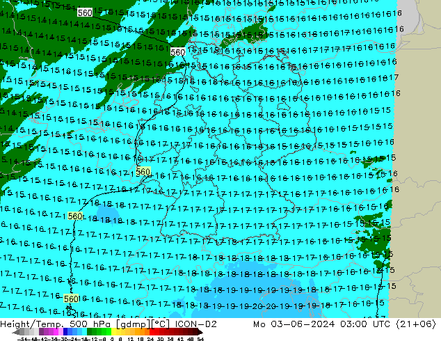 Géop./Temp. 500 hPa ICON-D2 lun 03.06.2024 03 UTC