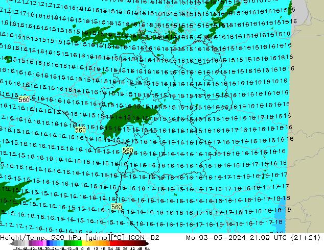 Height/Temp. 500 hPa ICON-D2 Po 03.06.2024 21 UTC