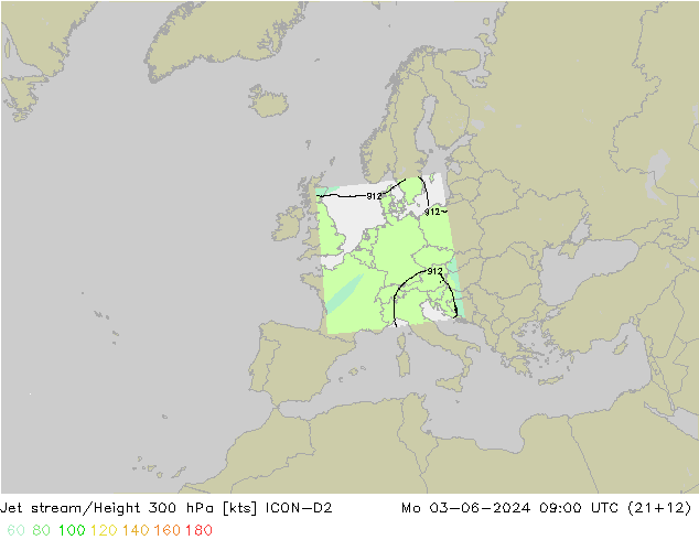 Jet stream ICON-D2 Seg 03.06.2024 09 UTC
