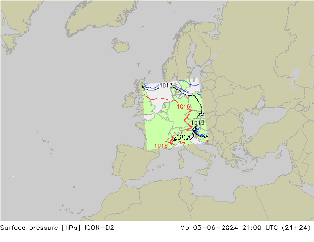 地面气压 ICON-D2 星期一 03.06.2024 21 UTC