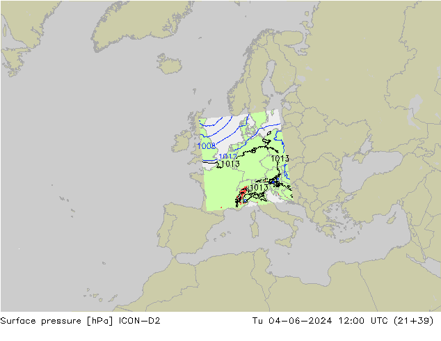 Pressione al suolo ICON-D2 mar 04.06.2024 12 UTC