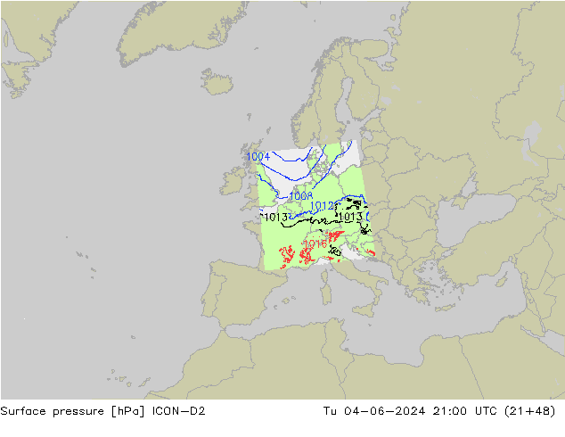 Surface pressure ICON-D2 Tu 04.06.2024 21 UTC