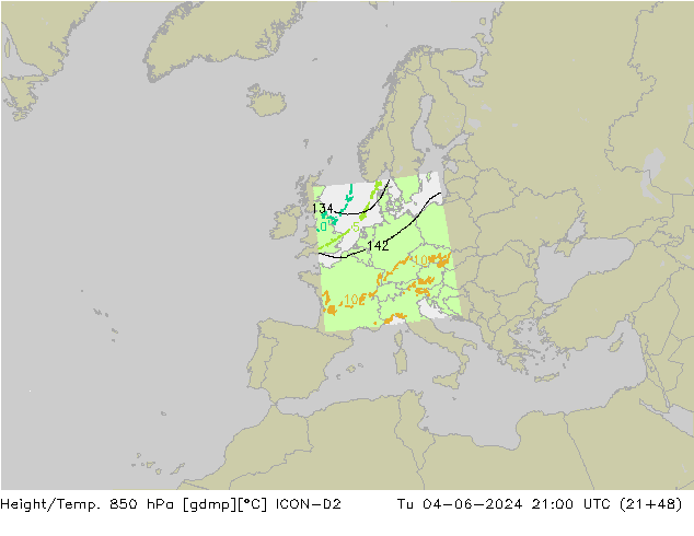 Height/Temp. 850 hPa ICON-D2 Tu 04.06.2024 21 UTC