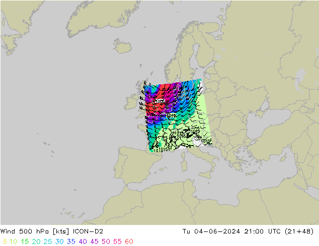 Wind 500 hPa ICON-D2 Tu 04.06.2024 21 UTC