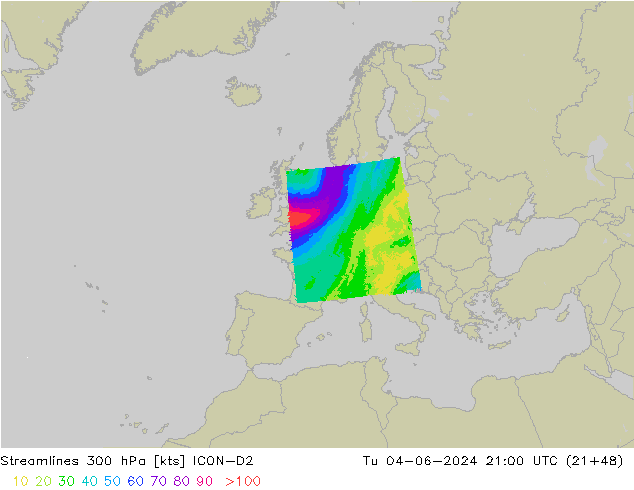 Línea de corriente 300 hPa ICON-D2 mar 04.06.2024 21 UTC