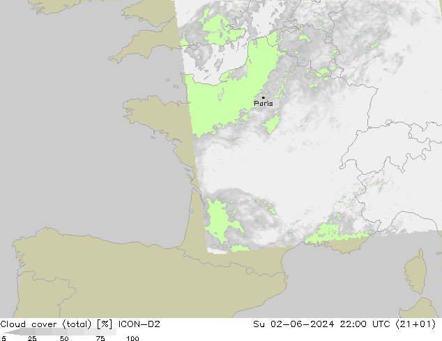 Cloud cover (total) ICON-D2 Su 02.06.2024 22 UTC