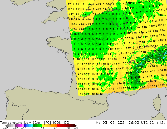 Темпер. мин. (2т) ICON-D2 пн 03.06.2024 09 UTC