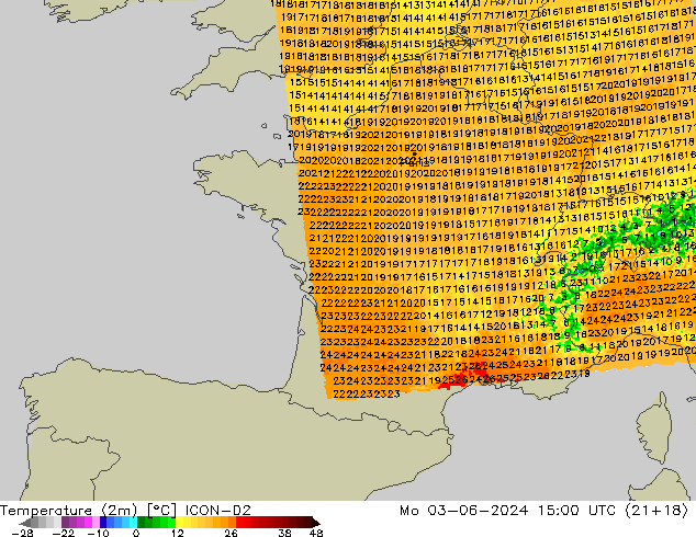 température (2m) ICON-D2 lun 03.06.2024 15 UTC