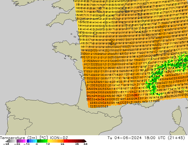 Sıcaklık Haritası (2m) ICON-D2 Sa 04.06.2024 18 UTC