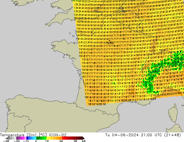 Temperatura (2m) ICON-D2 mar 04.06.2024 21 UTC