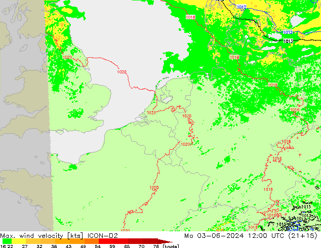 Max. wind velocity ICON-D2 lun 03.06.2024 12 UTC