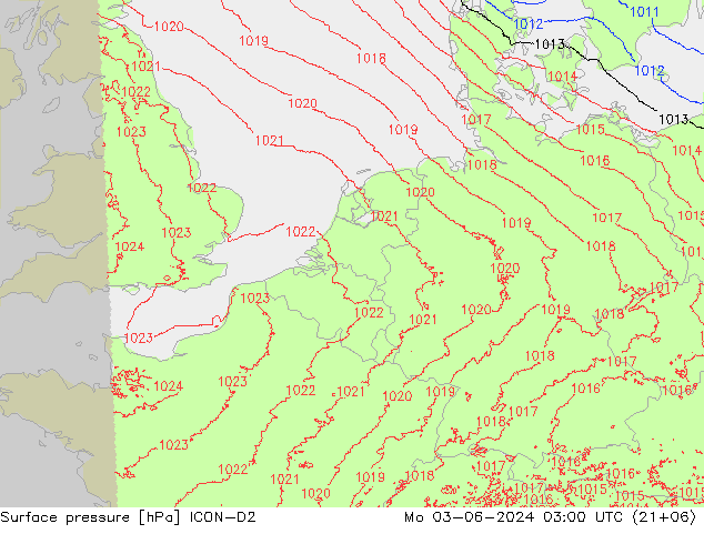 Surface pressure ICON-D2 Mo 03.06.2024 03 UTC