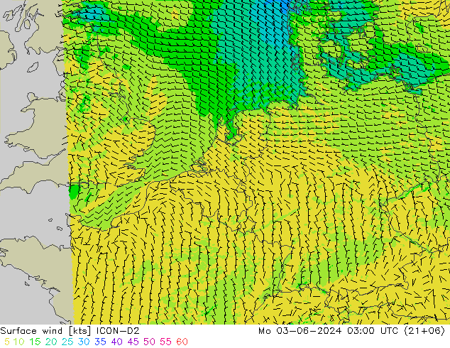 Surface wind ICON-D2 Mo 03.06.2024 03 UTC