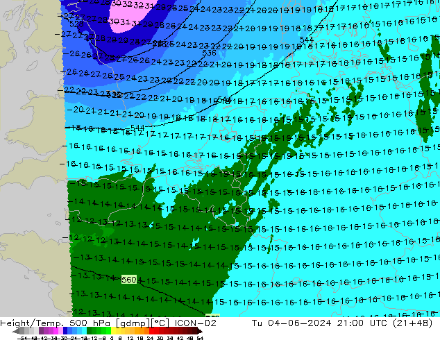 Géop./Temp. 500 hPa ICON-D2 mar 04.06.2024 21 UTC