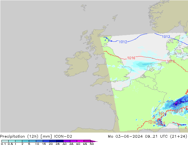 Precipitación (12h) ICON-D2 lun 03.06.2024 21 UTC
