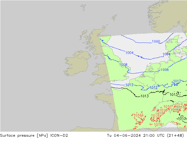 Luchtdruk (Grond) ICON-D2 di 04.06.2024 21 UTC