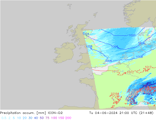 Precipitation accum. ICON-D2 wto. 04.06.2024 21 UTC