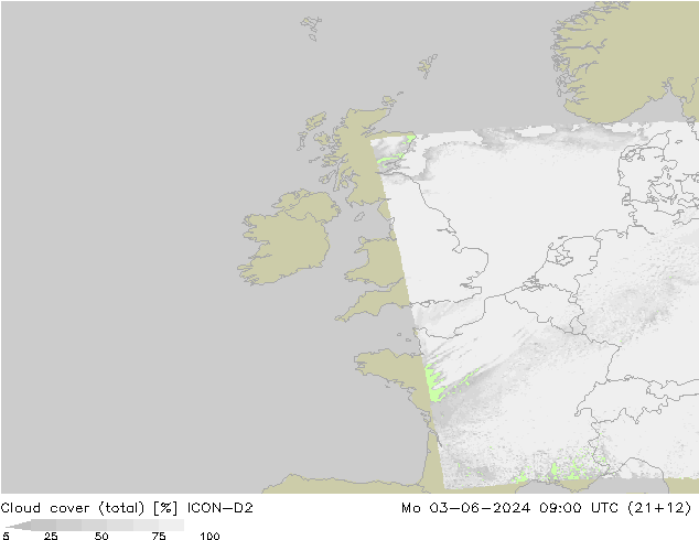 Cloud cover (total) ICON-D2 Mo 03.06.2024 09 UTC