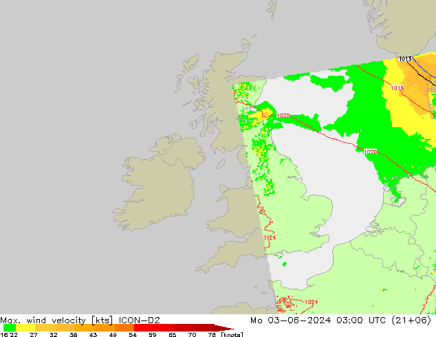 Max. wind velocity ICON-D2 pon. 03.06.2024 03 UTC