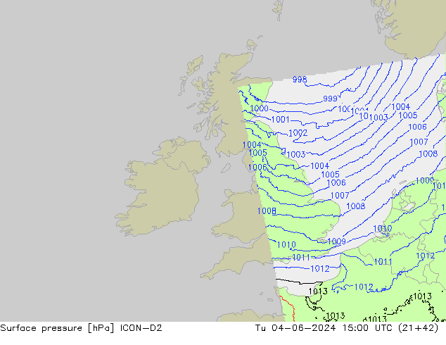 Pressione al suolo ICON-D2 mar 04.06.2024 15 UTC
