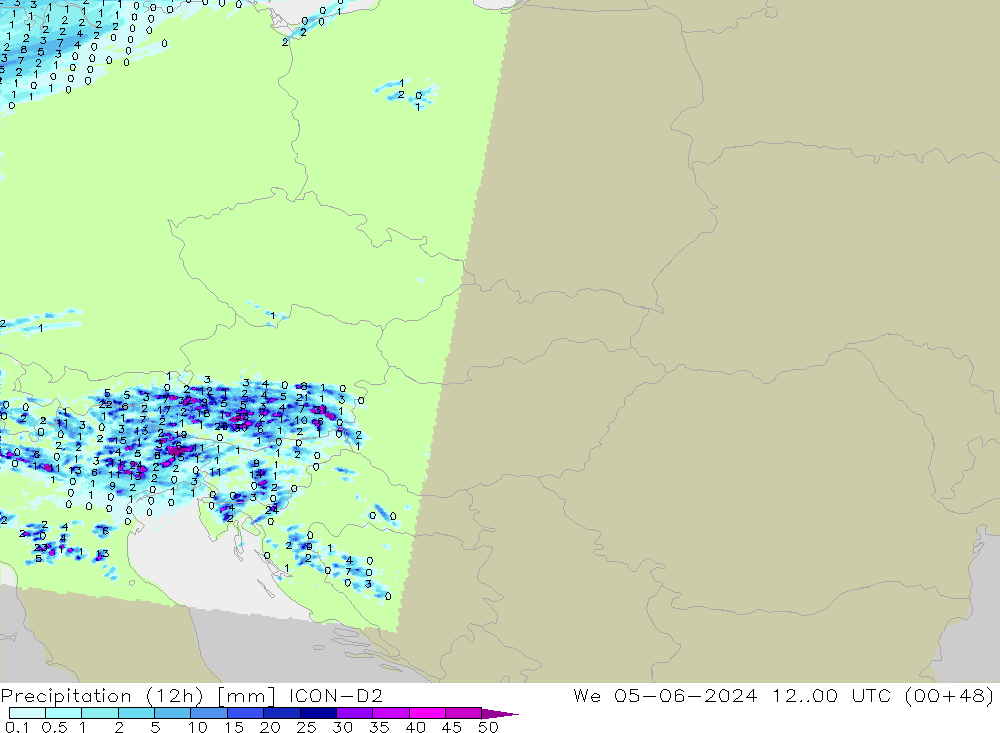 Precipitazione (12h) ICON-D2 mer 05.06.2024 00 UTC