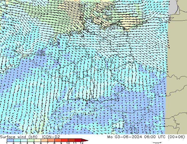 Surface wind (bft) ICON-D2 Mo 03.06.2024 06 UTC