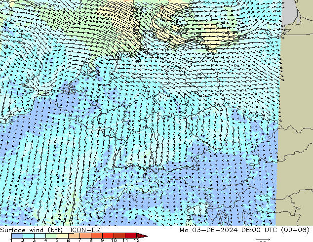 Vento 10 m (bft) ICON-D2 Seg 03.06.2024 06 UTC