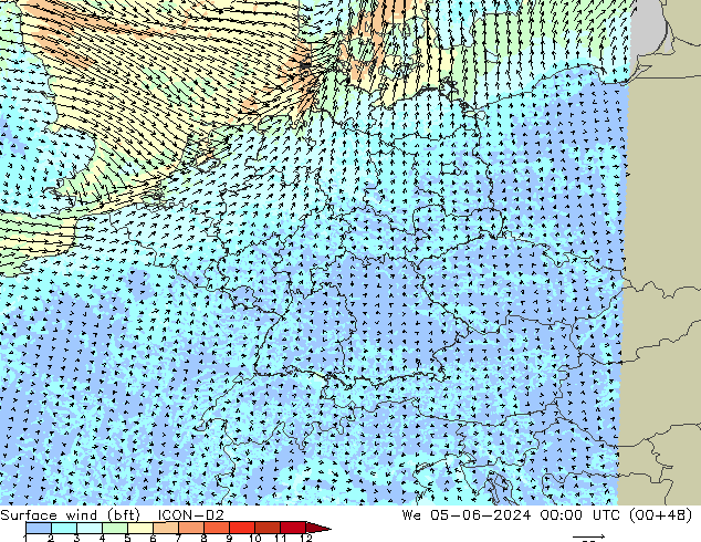 wiatr 10 m (bft) ICON-D2 śro. 05.06.2024 00 UTC