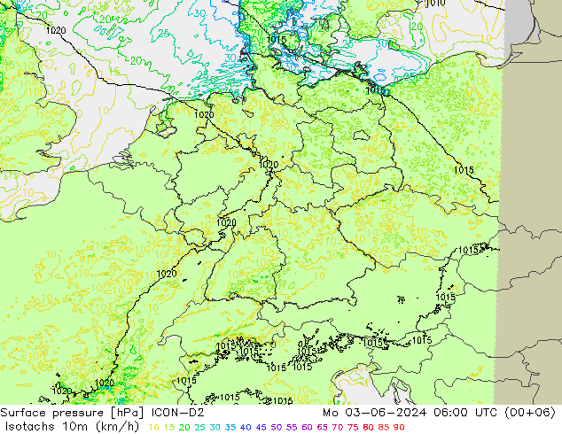 Izotacha (km/godz) ICON-D2 pon. 03.06.2024 06 UTC