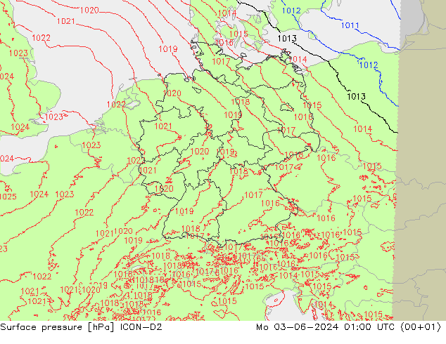 Surface pressure ICON-D2 Mo 03.06.2024 01 UTC