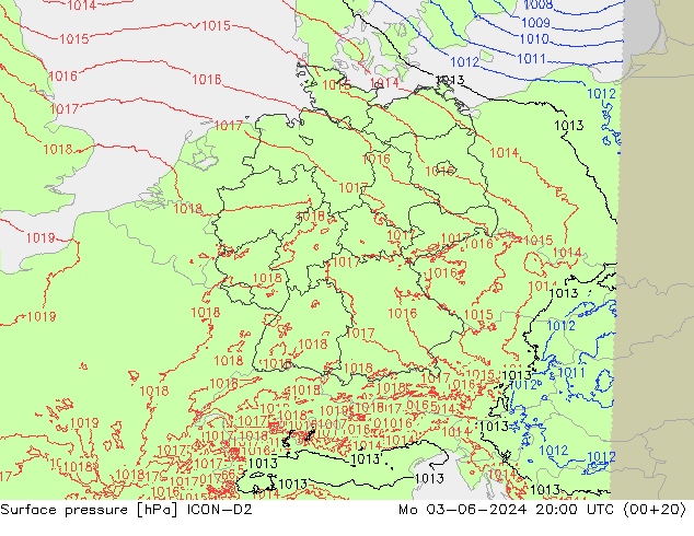 地面气压 ICON-D2 星期一 03.06.2024 20 UTC