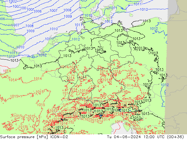 Pressione al suolo ICON-D2 mar 04.06.2024 12 UTC