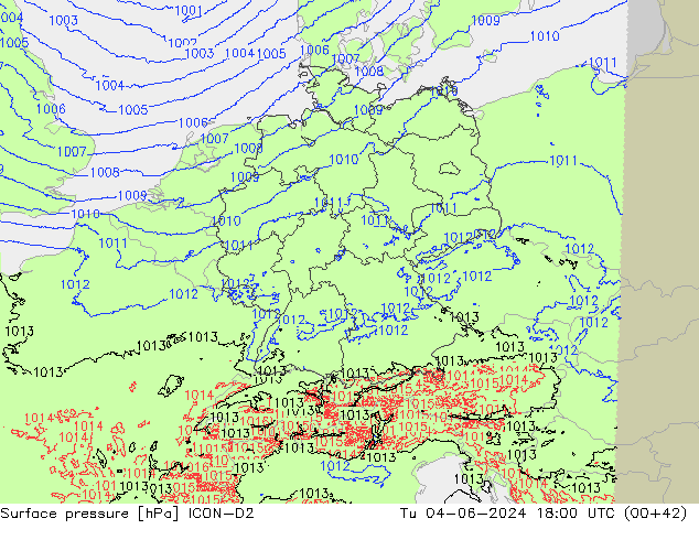 приземное давление ICON-D2 вт 04.06.2024 18 UTC