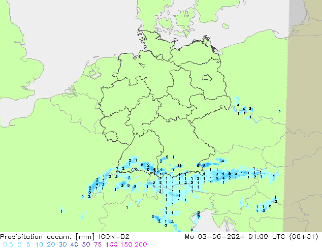 Precipitation accum. ICON-D2 Po 03.06.2024 01 UTC