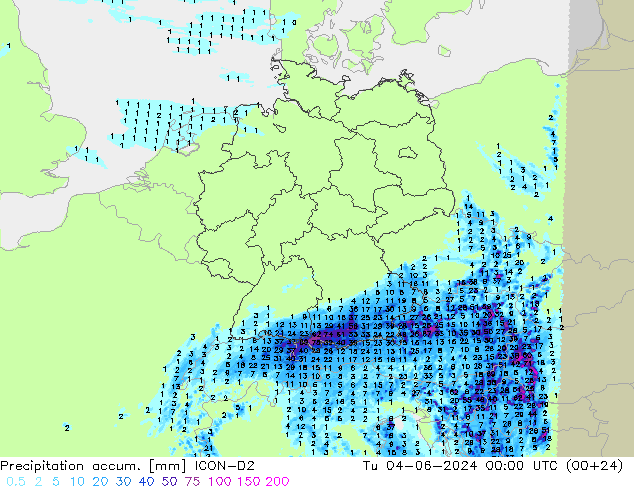 Precipitación acum. ICON-D2 mar 04.06.2024 00 UTC