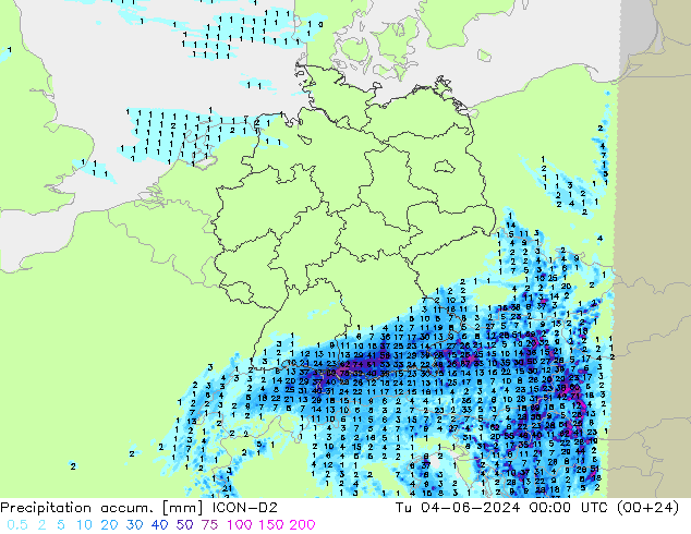 Précipitation accum. ICON-D2 mar 04.06.2024 00 UTC