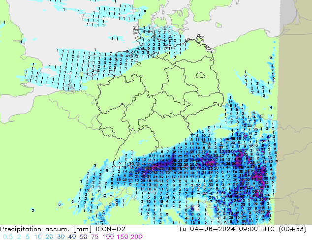 Precipitation accum. ICON-D2 wto. 04.06.2024 09 UTC