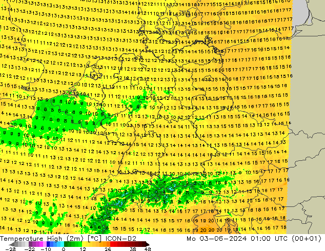 Temperatura máx. (2m) ICON-D2 lun 03.06.2024 01 UTC