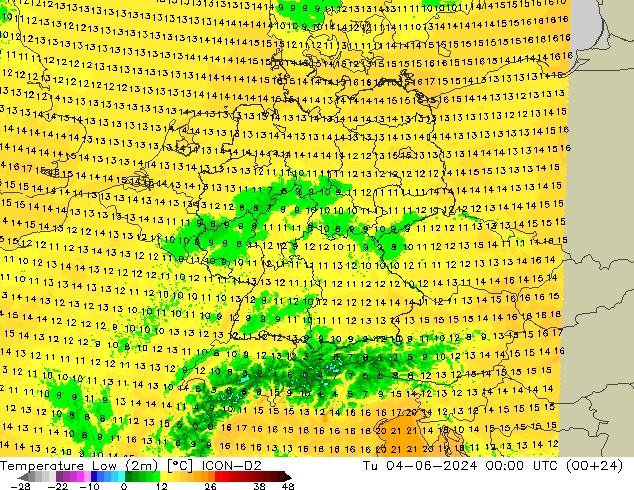 temperatura mín. (2m) ICON-D2 Ter 04.06.2024 00 UTC