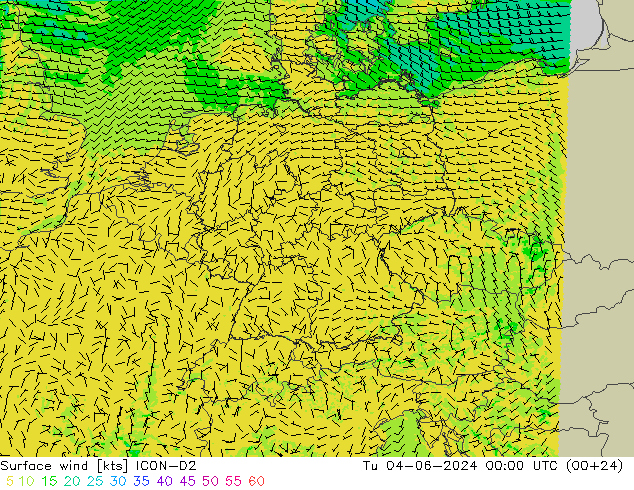 Surface wind ICON-D2 Út 04.06.2024 00 UTC